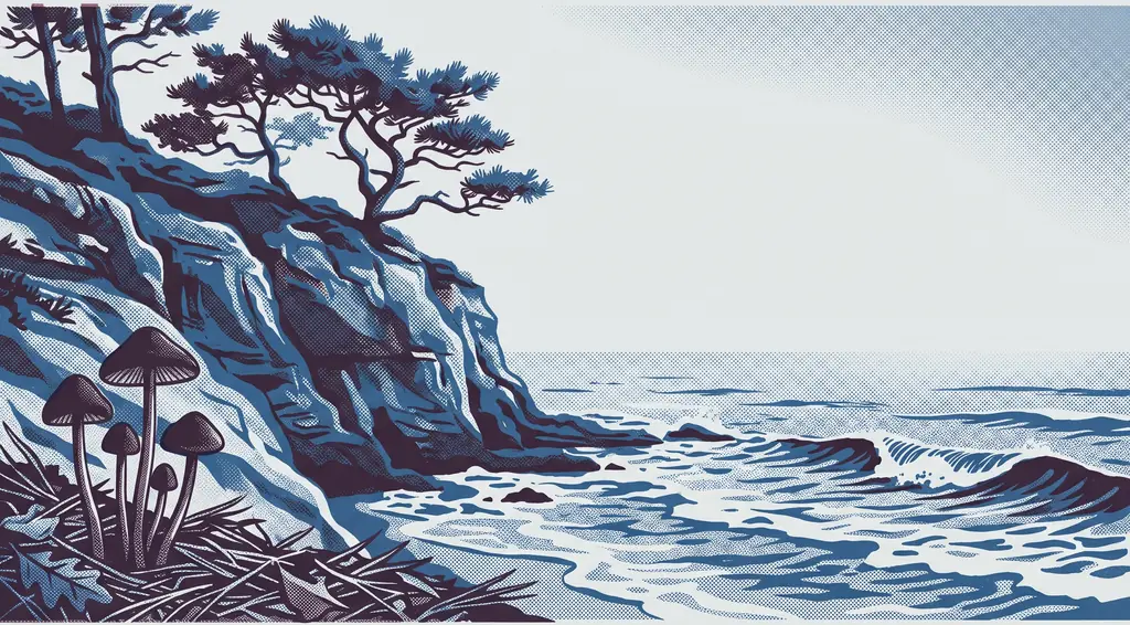 Risograph-style illustration of the Torrey Pines sandstone bluffs above the Pacific, with wild mushrooms growing from pine needles in the foreground